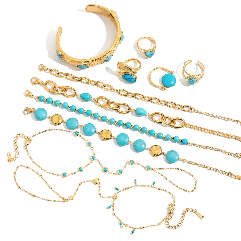 Turquoise & Gold Layered Boho Jewelry Set - Multi-Strand Bracelets (Chain/Beaded) & Statement Rings | Summer Casual Accessories for Women