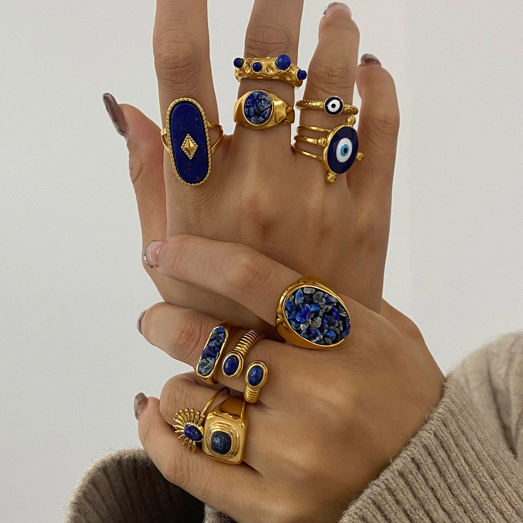Lapis Lazuli Evil Eye Gold Ring Set - Multi-Style Boho Protective Statement Rings for Women