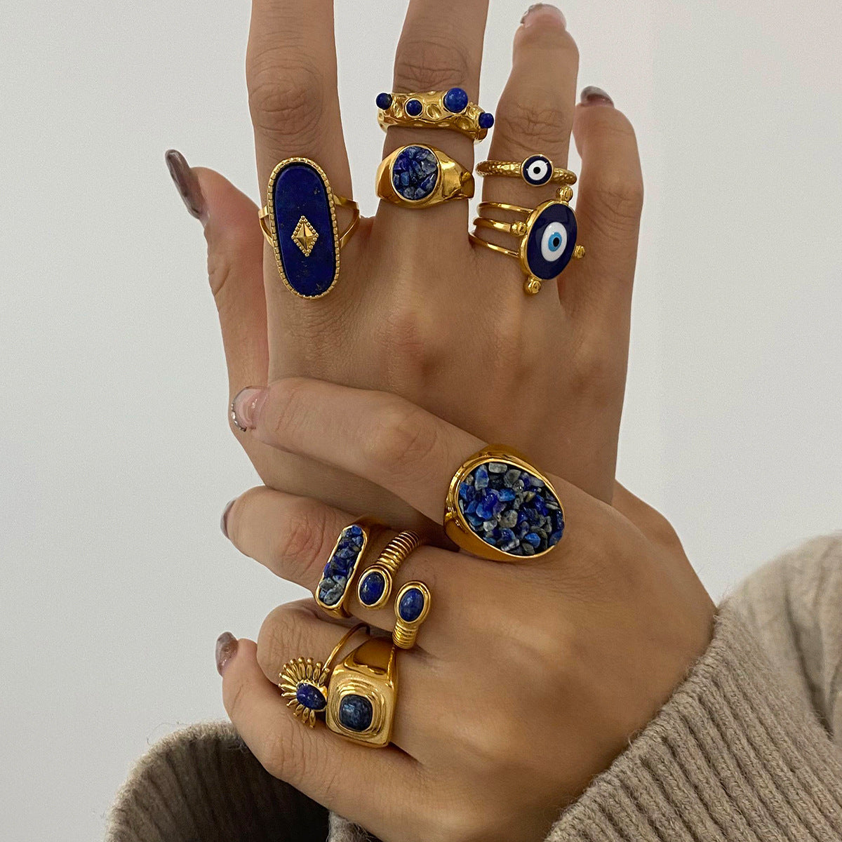 Lapis Lazuli Evil Eye Gold Ring Set - Multi-Style Boho Protective Statement Rings for Women