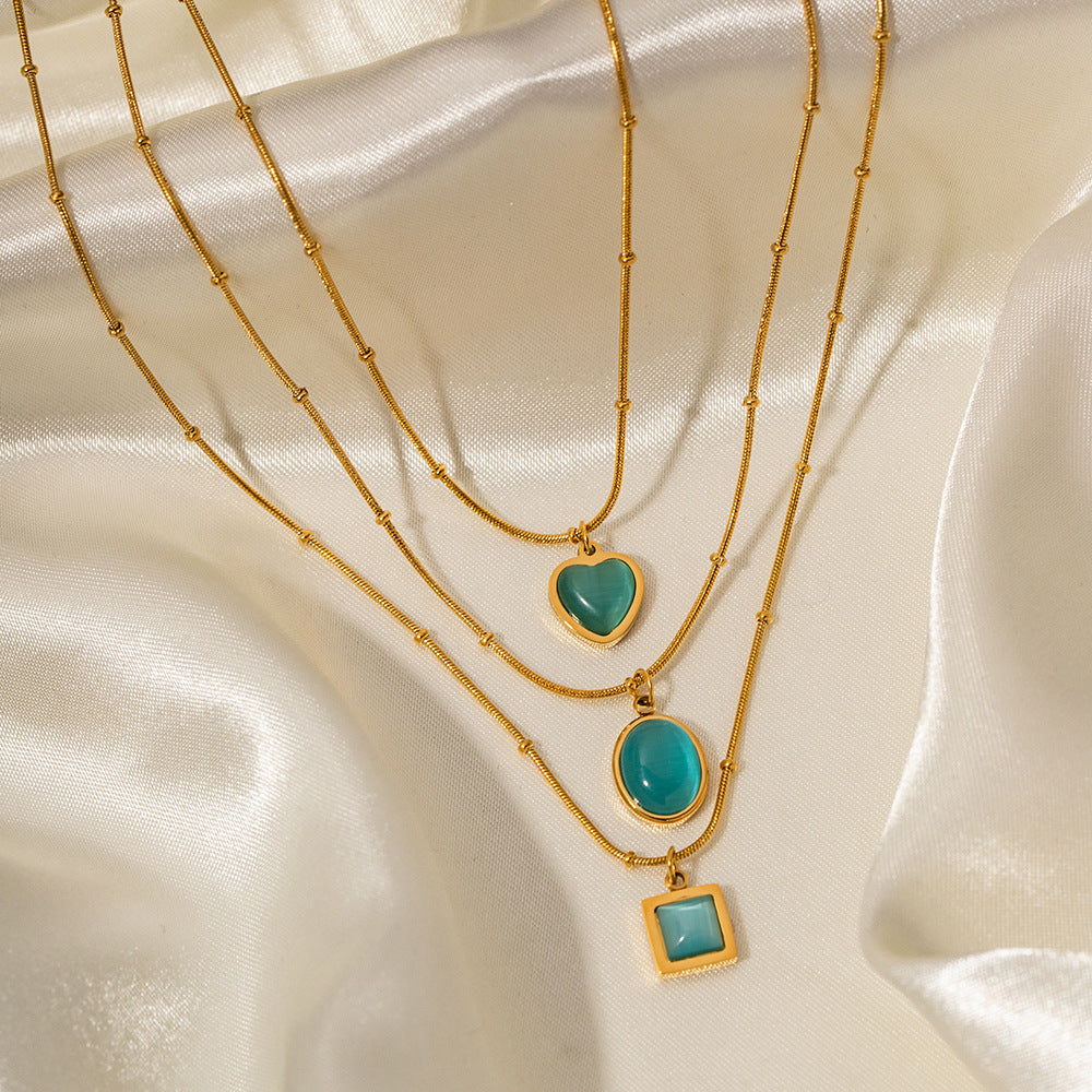Gold Layered Turquoise Pendant Necklace Set - Heart/Circle/Square Gem Statement Jewelry for Women