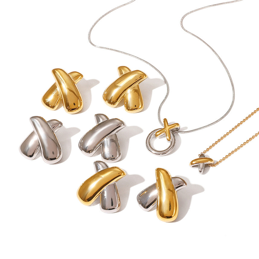 Two-Tone X-Cross Statement Jewelry Set - Gold Silver Minimalist Necklaces & Earrings for Women