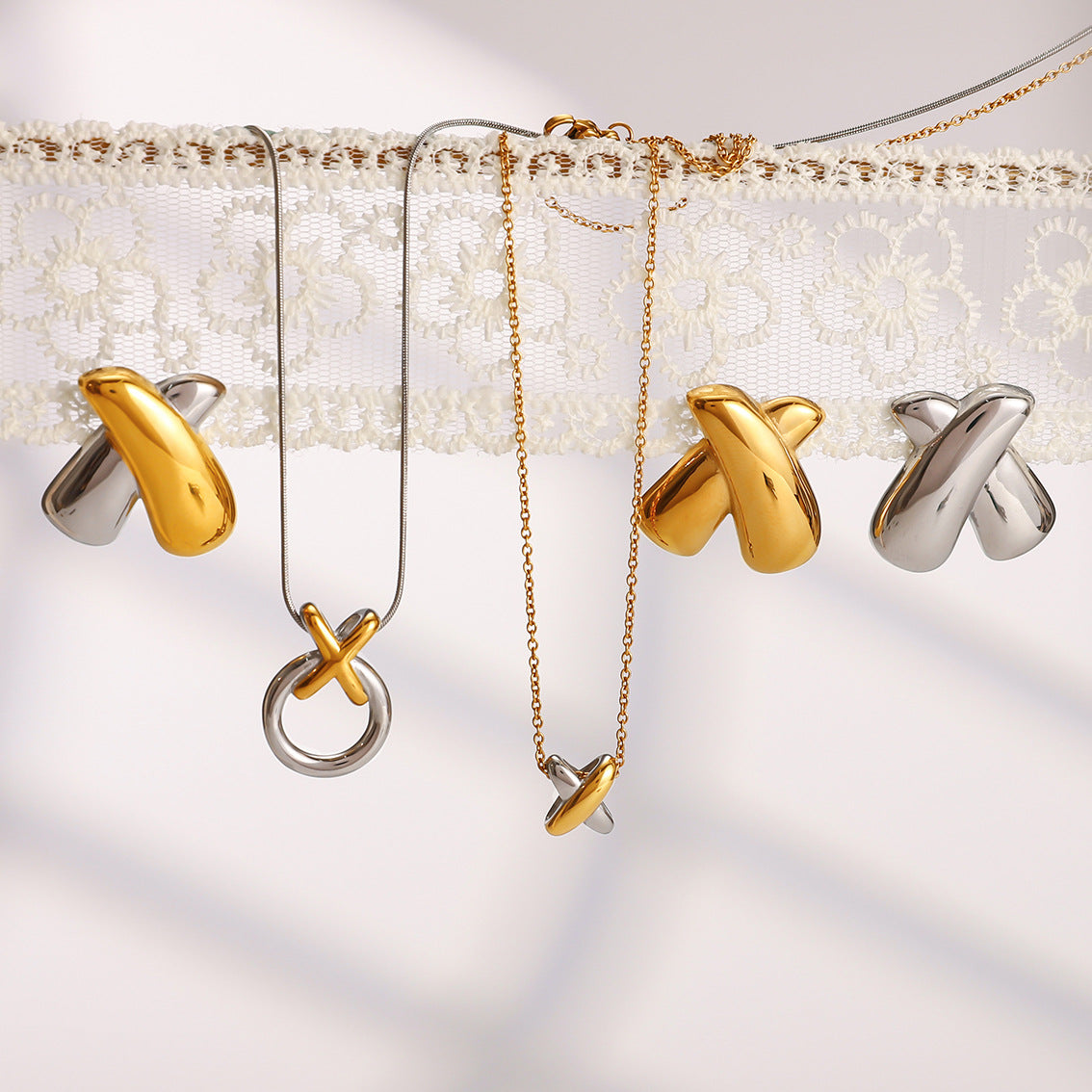 Two-Tone X-Cross Statement Jewelry Set - Gold Silver Minimalist Necklaces & Earrings for Women