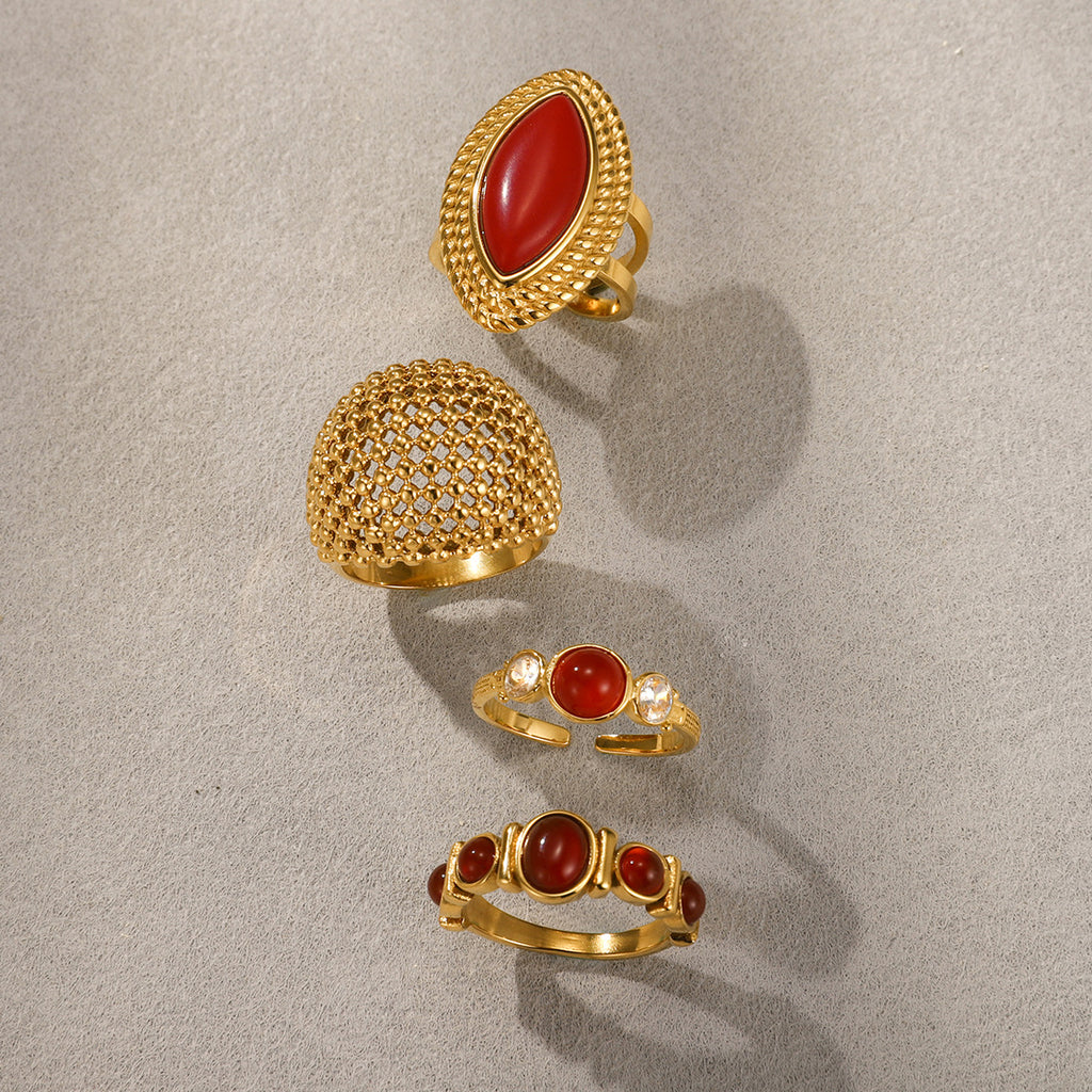 Gold Textured Red Gemstone Stackable Ring Set - Vintage Statement Jewelry for Women