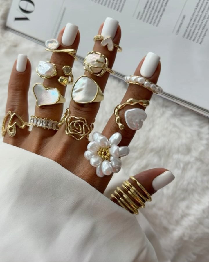 Gold Multi-Style Stackable Ring Set - Pearl/Shell/Flower/Heart/Rose Statement Jewelry for Women