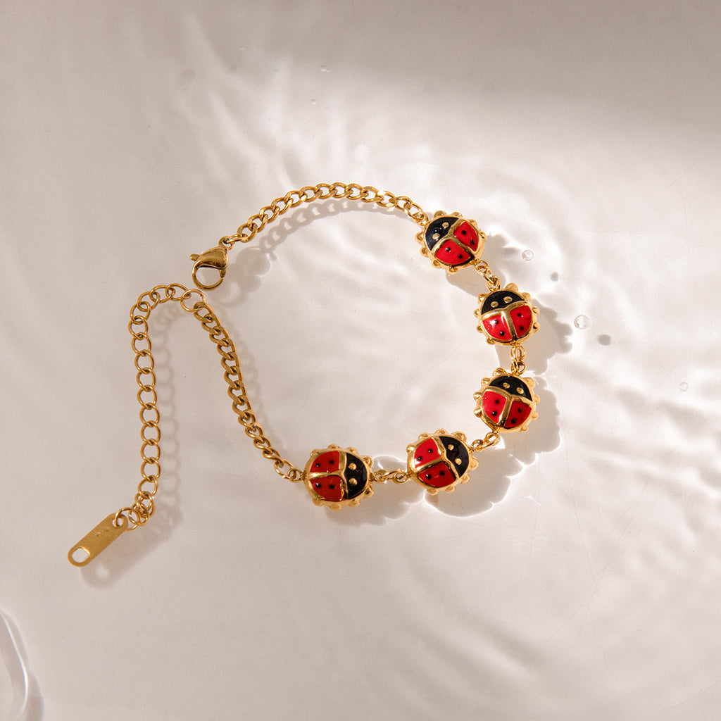 Gold Enamel Ladybug Animal Bracelet Set - Vintage Multi-Style Stackable Charm Bracelets for Women