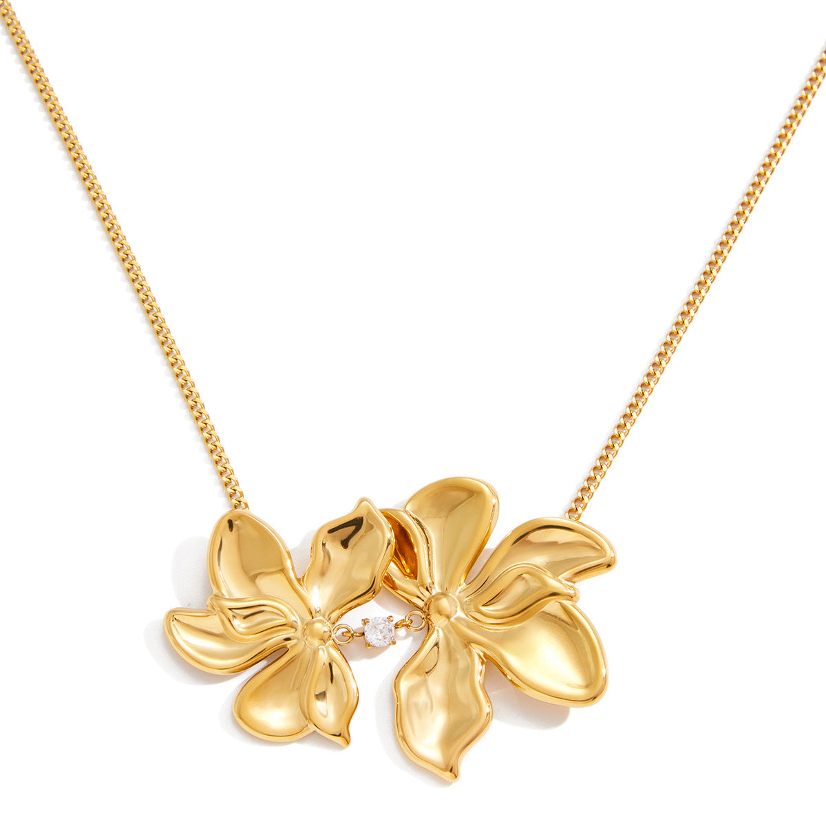 Gold Double Flower Pendant Necklace - CZ-Accented Bold Statement Jewelry for Women
