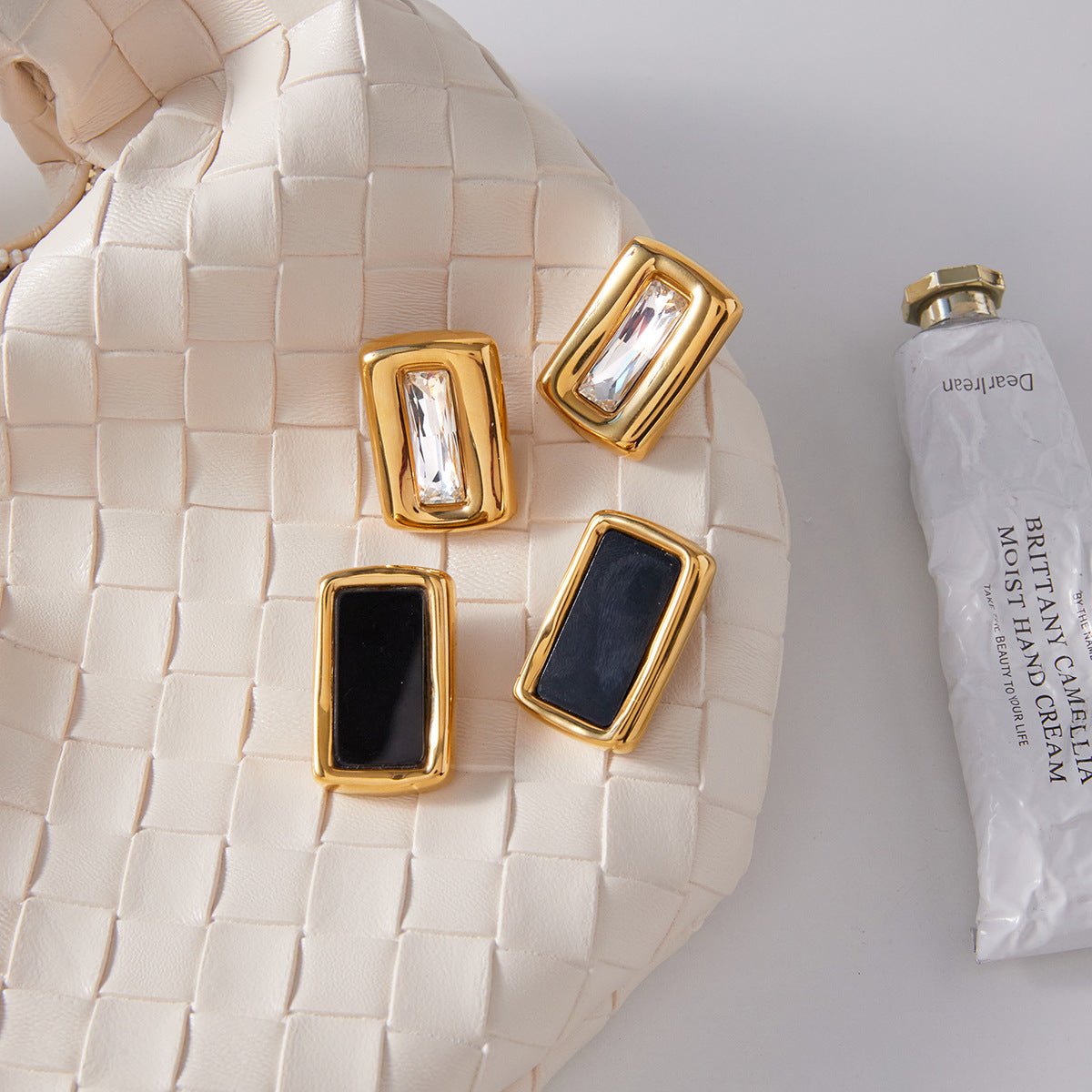 Gold Plated Square Statement Earrings - Vintage Black Enamel & Crystal Geometric Jewelry for Women