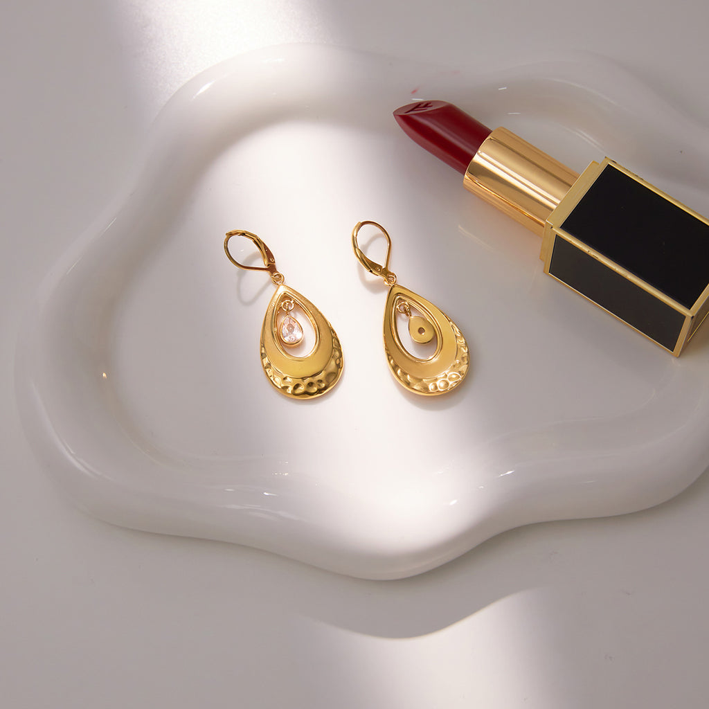 Gold Teardrop CZ Dangle Earrings - Vintage Engraved Statement Jewelry for Women