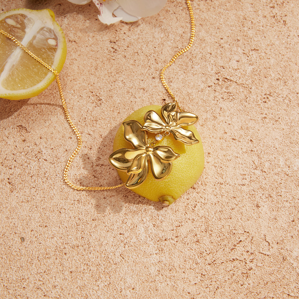 Gold Double Flower Pendant Necklace - CZ-Accented Bold Statement Jewelry for Women