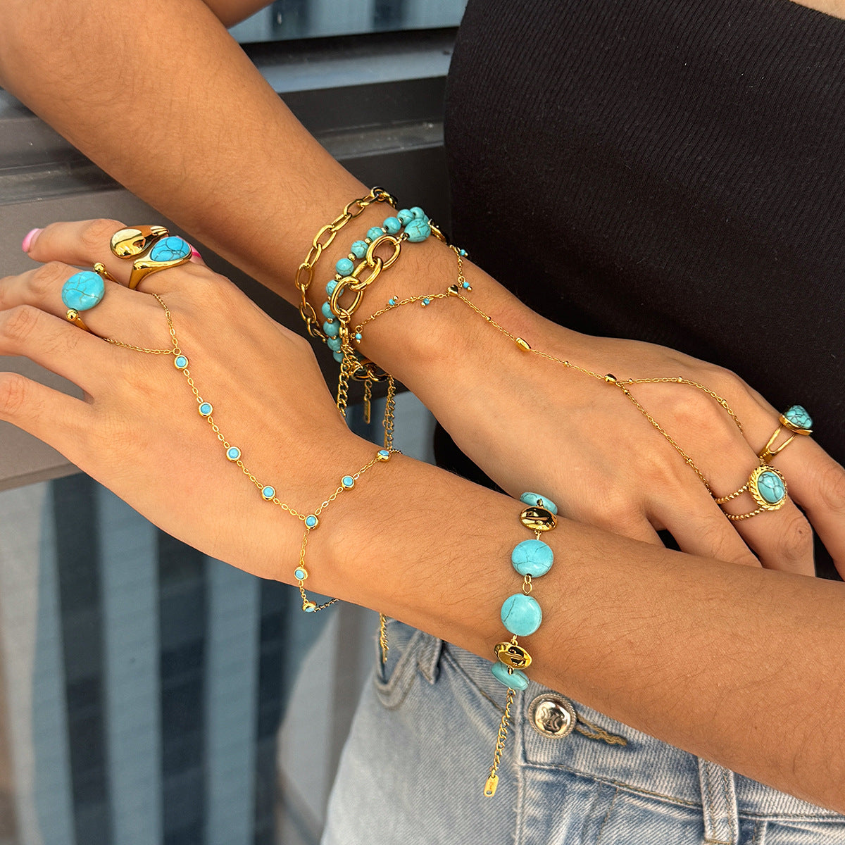 Turquoise & Gold Layered Boho Jewelry Set - Multi-Strand Bracelets (Chain/Beaded) & Statement Rings | Summer Casual Accessories for Women