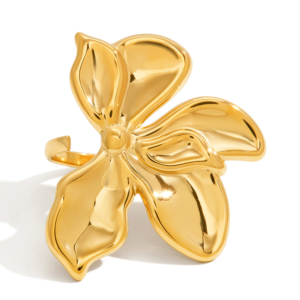 Gold Orchid Floral Statement Jewelry Set - Bold Sculpted Earrings & Ring for Women