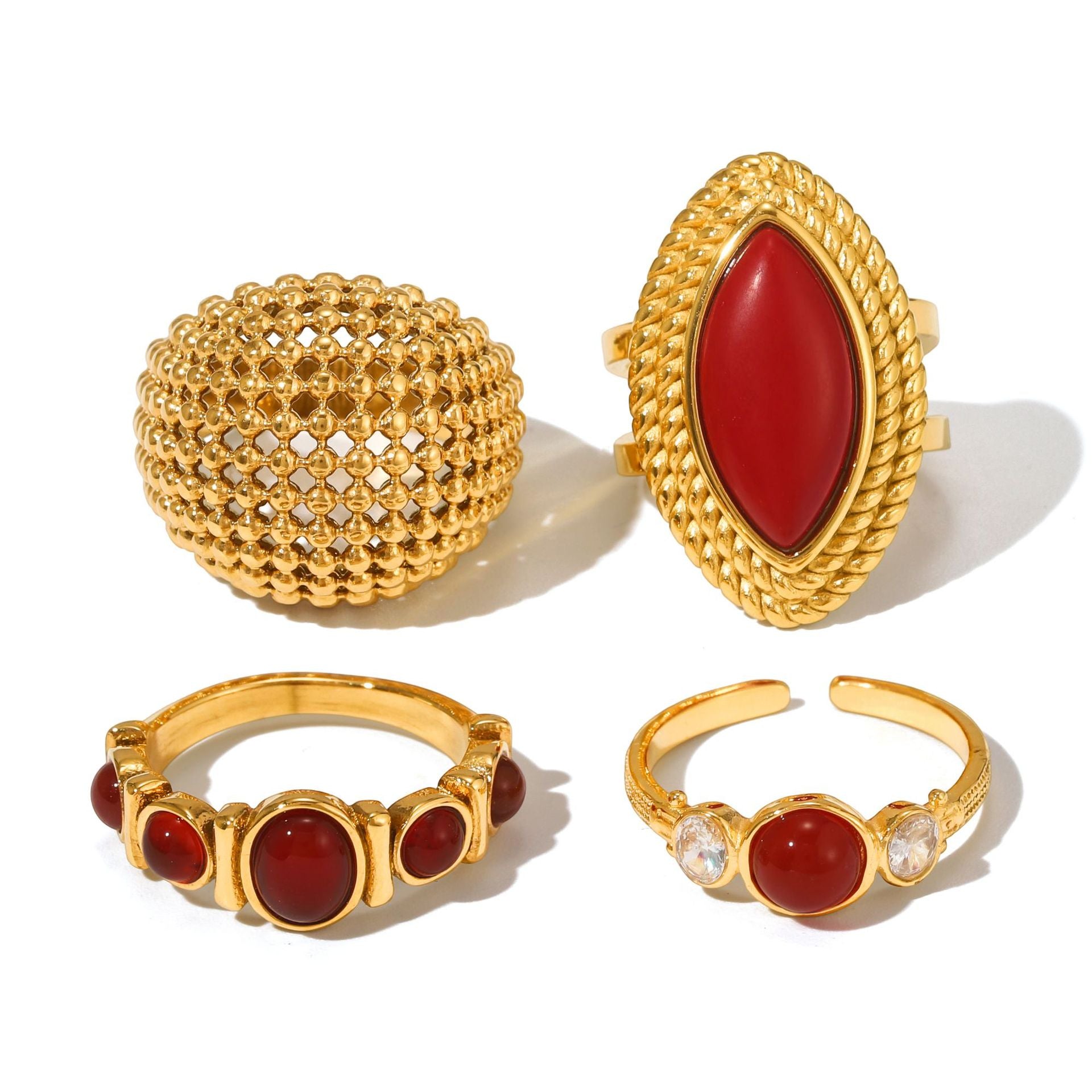 Gold Textured Red Gemstone Stackable Ring Set - Vintage Statement Jewelry for Women