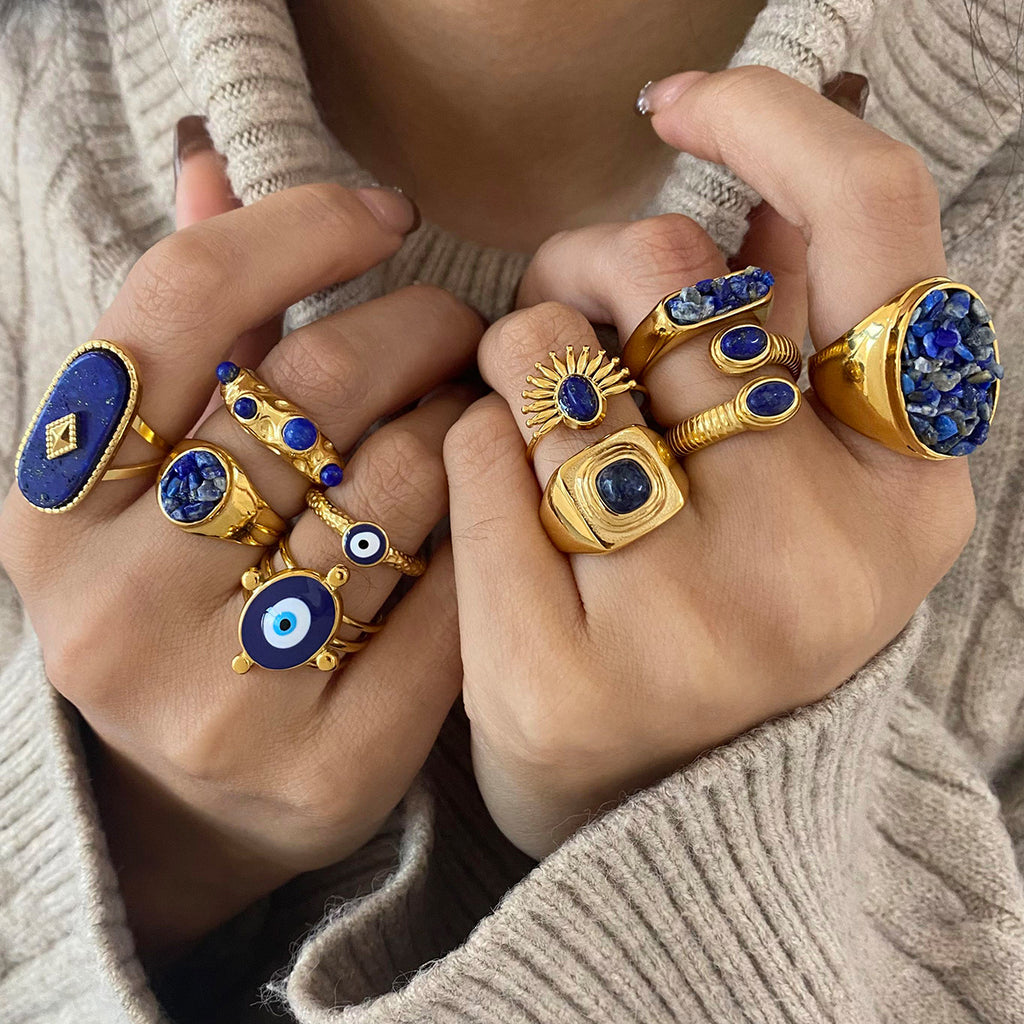 Lapis Lazuli Evil Eye Gold Ring Set - Multi-Style Boho Protective Statement Rings for Women