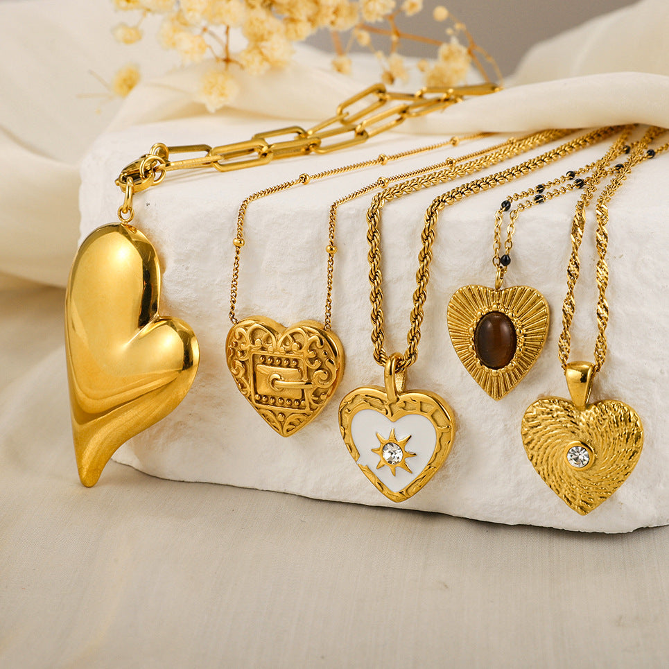 Gold Multi-Style Heart Pendant Necklace Set - CZ Gem Pearl Chain Statement Jewelry for Women