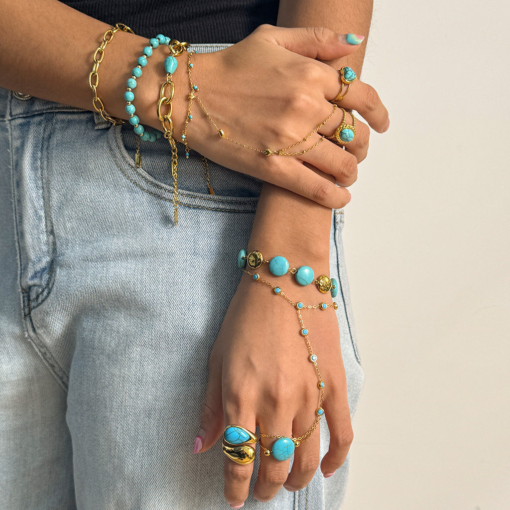 Turquoise & Gold Layered Boho Jewelry Set - Multi-Strand Bracelets (Chain/Beaded) & Statement Rings | Summer Casual Accessories for Women