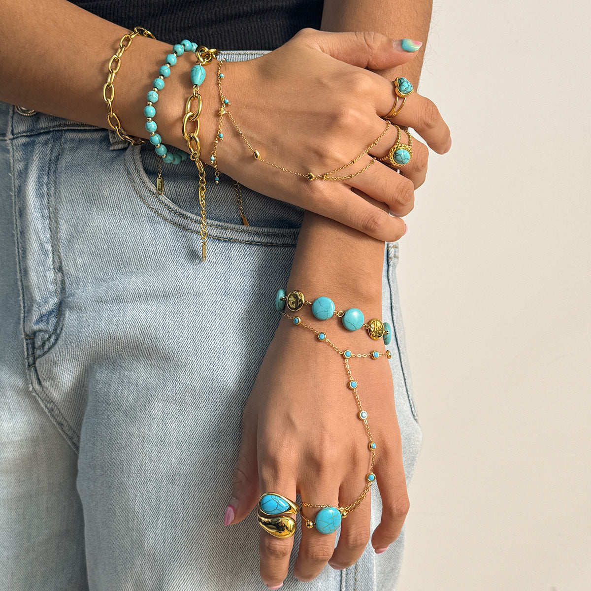 Turquoise & Gold Layered Boho Jewelry Set - Multi-Strand Bracelets (Chain/Beaded) & Statement Rings | Summer Casual Accessories for Women
