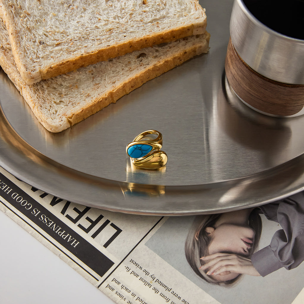 Gold Evil Eye Teardrop Ring Set - Turquoise/Pearl/Tiger Eye/Abalone Shell Stackable Statement Jewelry for Women