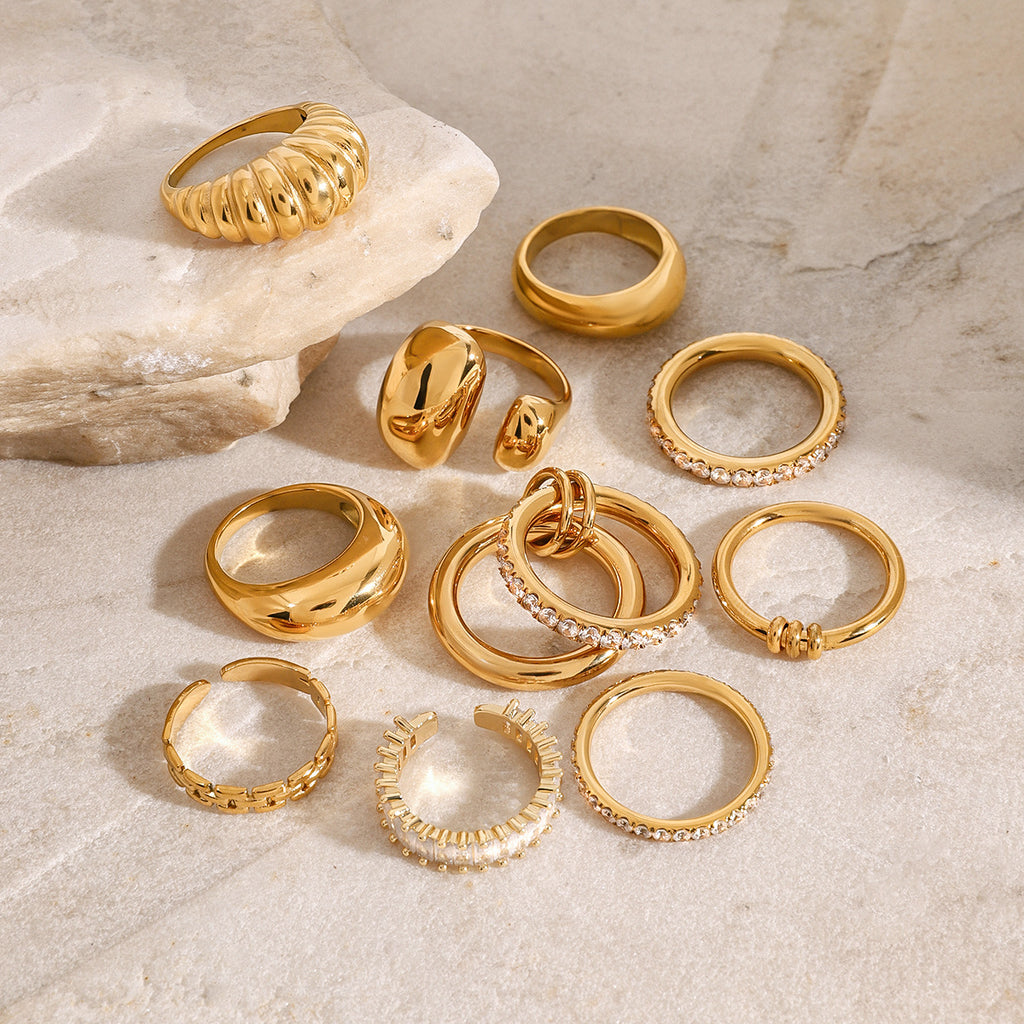 Chunky Gold Ring Set - Stackable Statement Rings with Textured & Crystal-Embellished Designs for Women