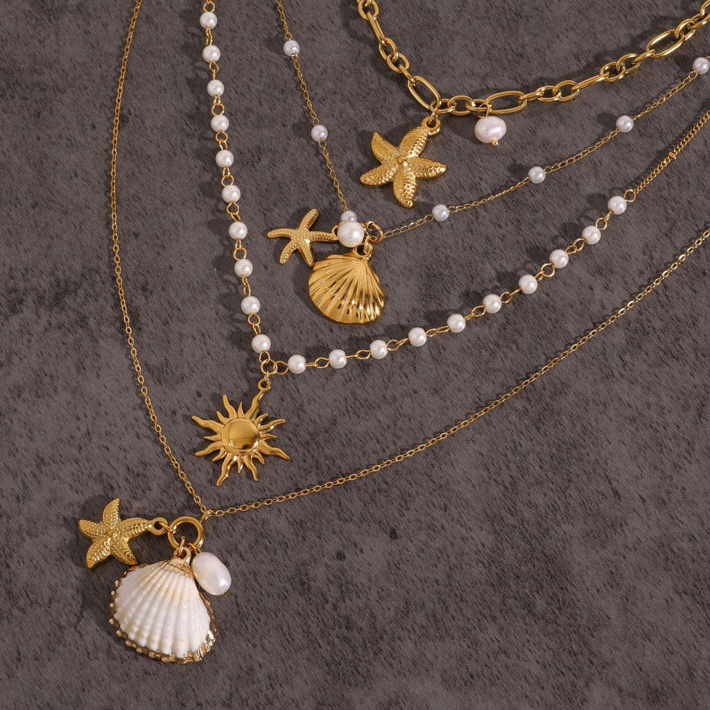 Gold Layered Ocean Theme Necklace Set - Shell/Starfish/Conch/Pearl Charms | Beach Nautical Statement Jewelry for Women