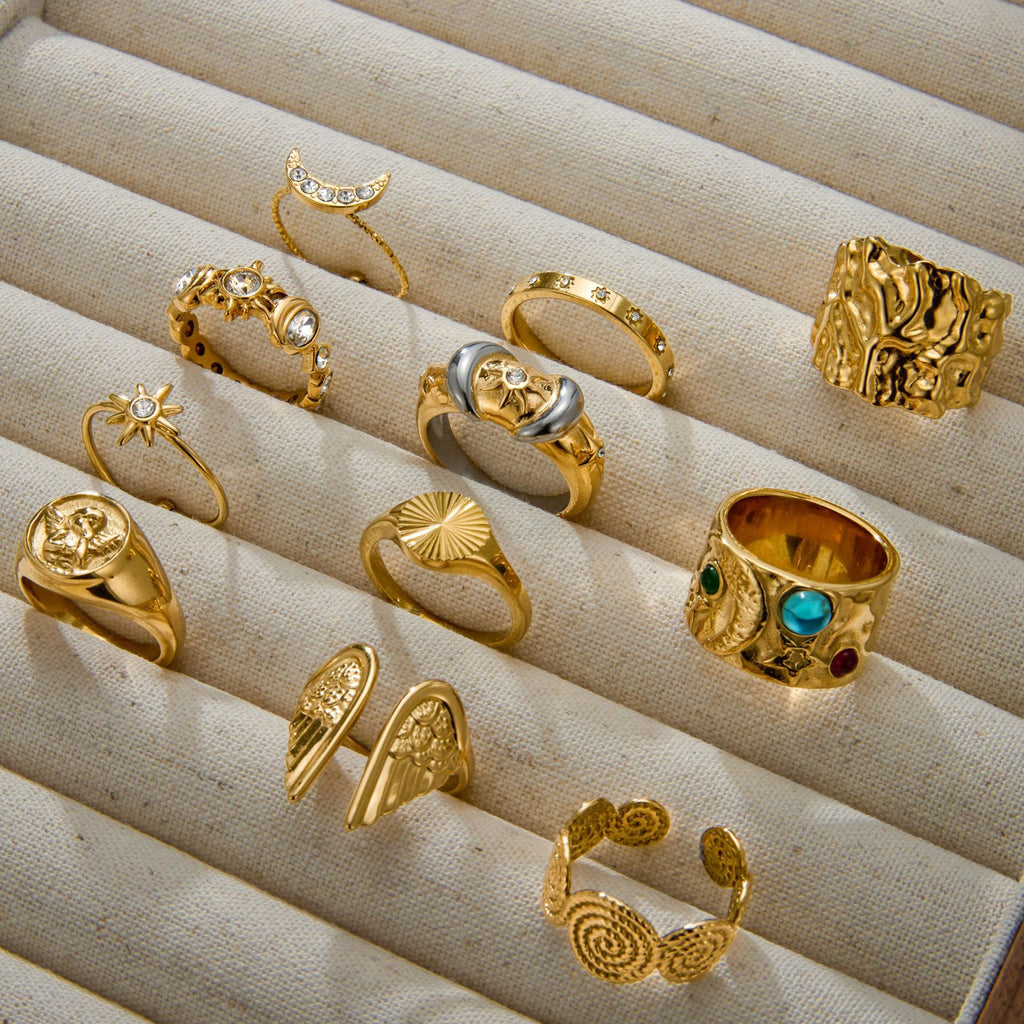 Vintage Artistic Gold Ring Set - Multi-Style Statement Rings with Gemstone & Textured Designs for Women