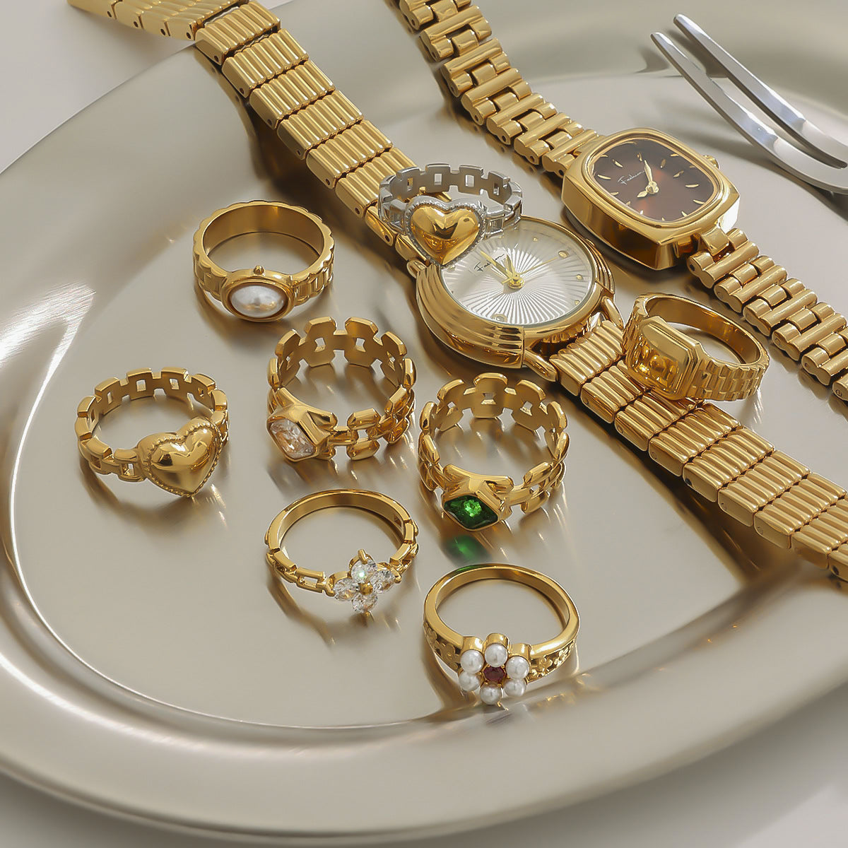 Vintage-Inspired Gold Ring Set - Mixed Gemstone, Pearl & Heart-Shaped Statement Rings for Women