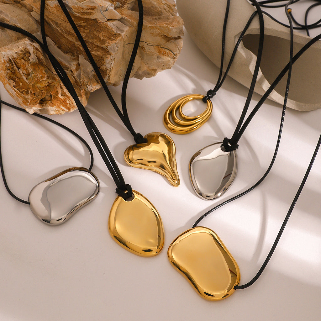Gold/Silver Irregular Pendant Leather Cord Necklace Set - Heart/Ring Minimalist Statement Jewelry for Women