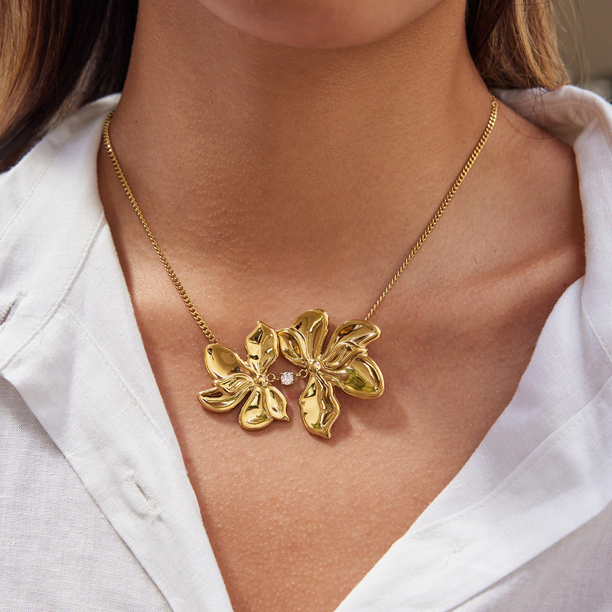 Gold Double Flower Pendant Necklace - CZ-Accented Bold Statement Jewelry for Women