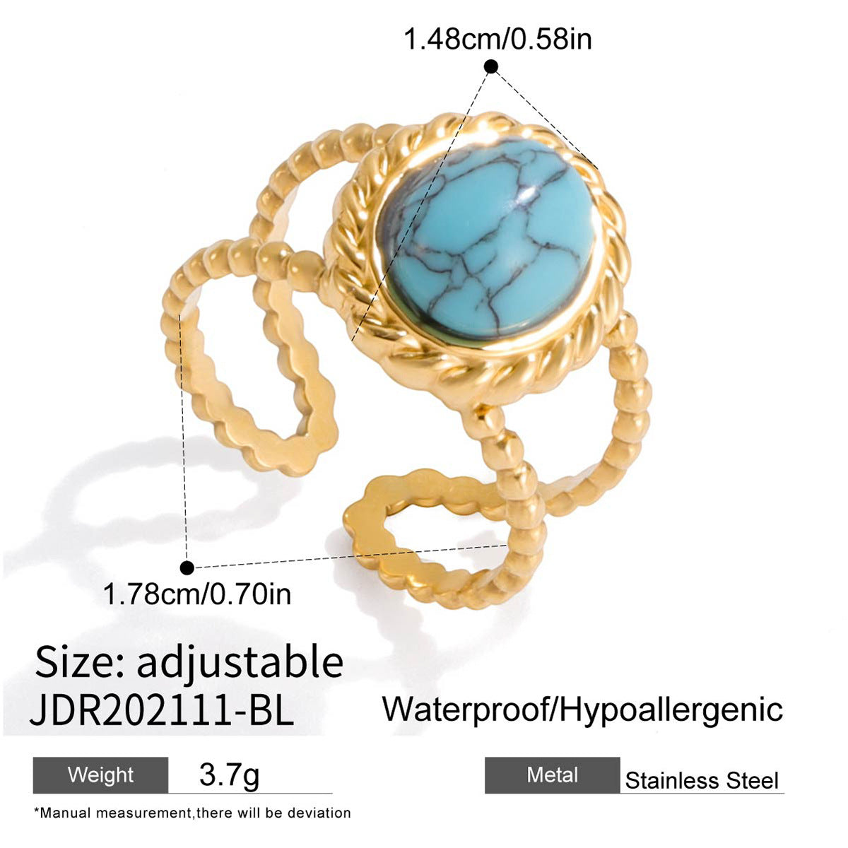 Turquoise & Gold Layered Boho Jewelry Set - Multi-Strand Bracelets (Chain/Beaded) & Statement Rings | Summer Casual Accessories for Women