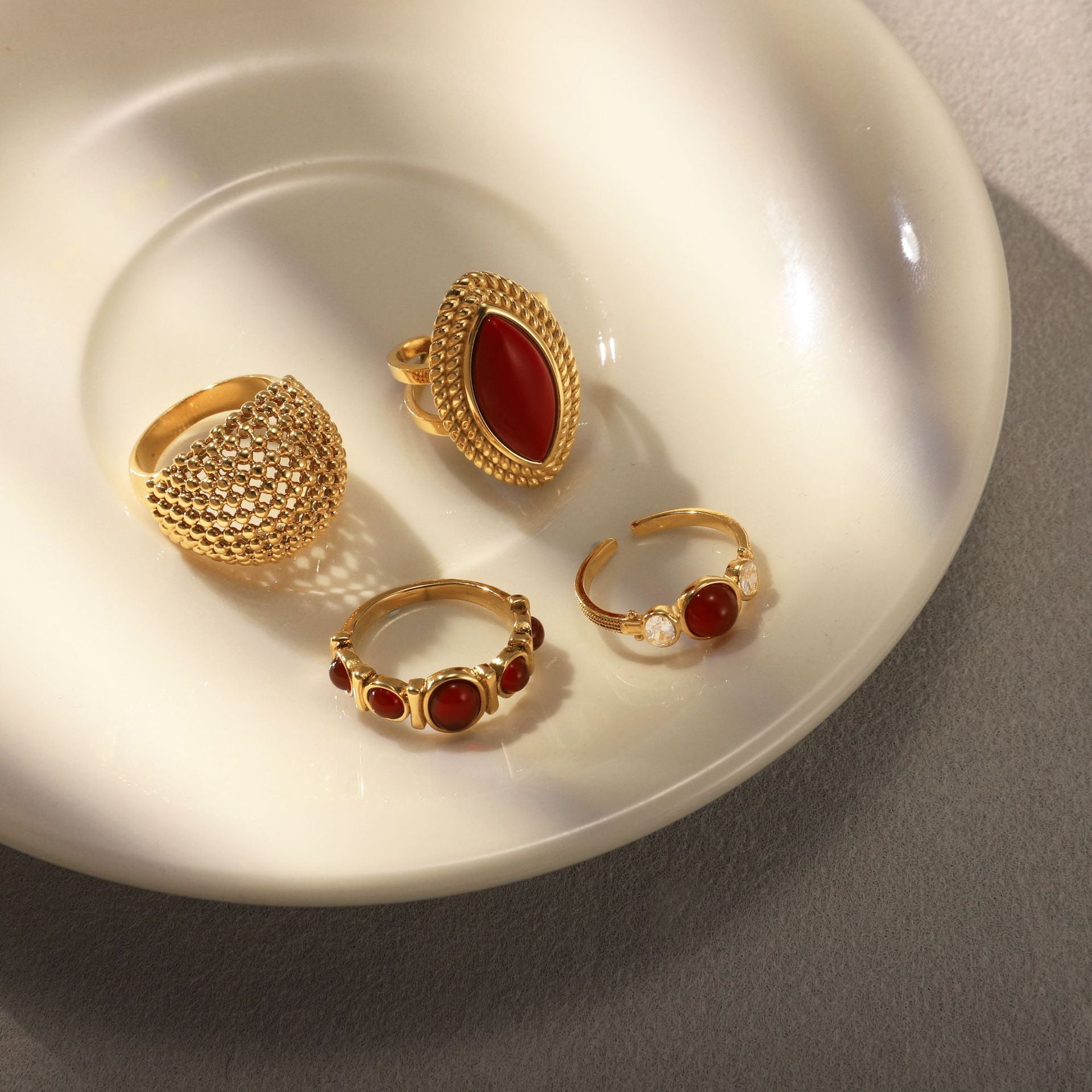 Gold Textured Red Gemstone Stackable Ring Set - Vintage Statement Jewelry for Women