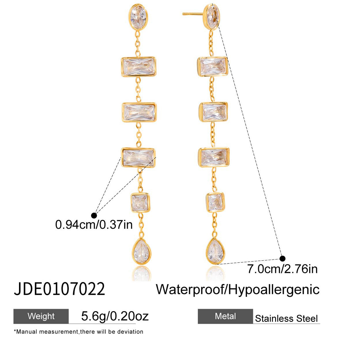 Gold Plated Multi-Shaped Clear Gem Long Drop Earrings - Rectangle/Drop Statement Jewelry for Women