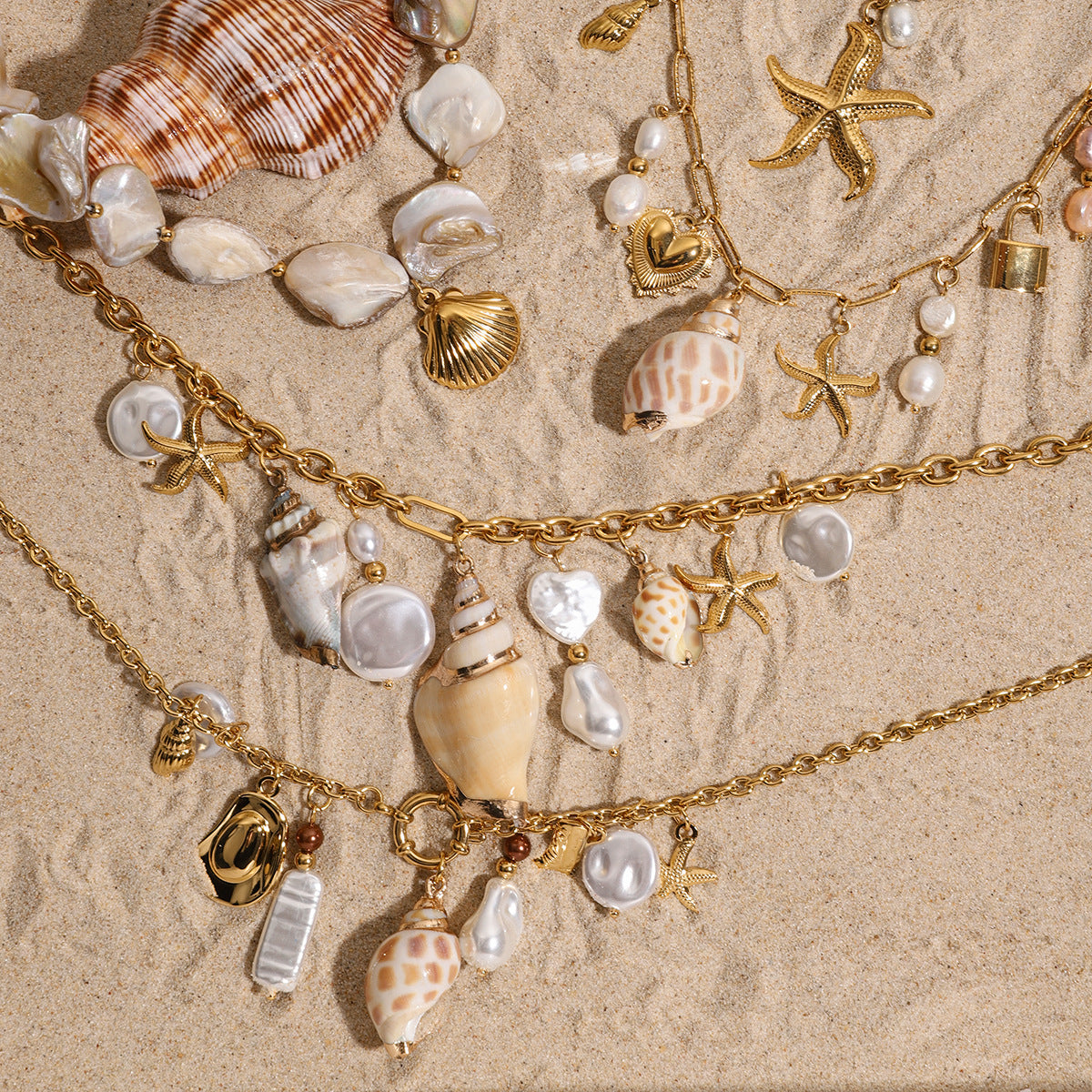 Gold Layered Ocean Theme Necklace Set - Shell/Starfish/Conch/Pearl Charms | Beach Nautical Statement Jewelry for Women