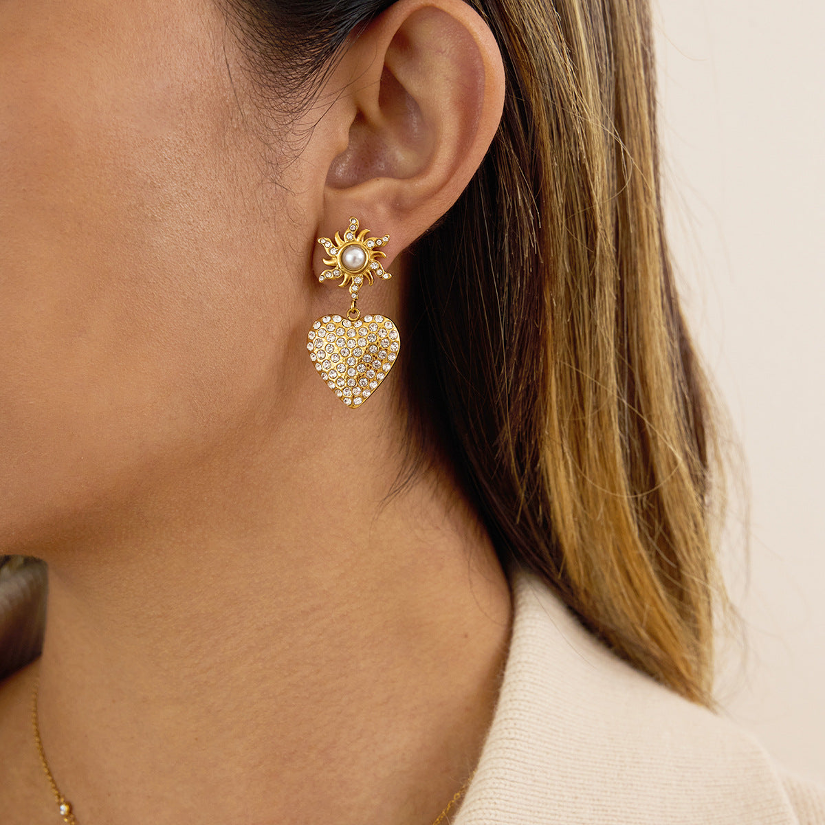 Sun & Heart CZ Pearl Gold Statement Earrings - Vintage-Inspired Sparkly Jewelry for Women