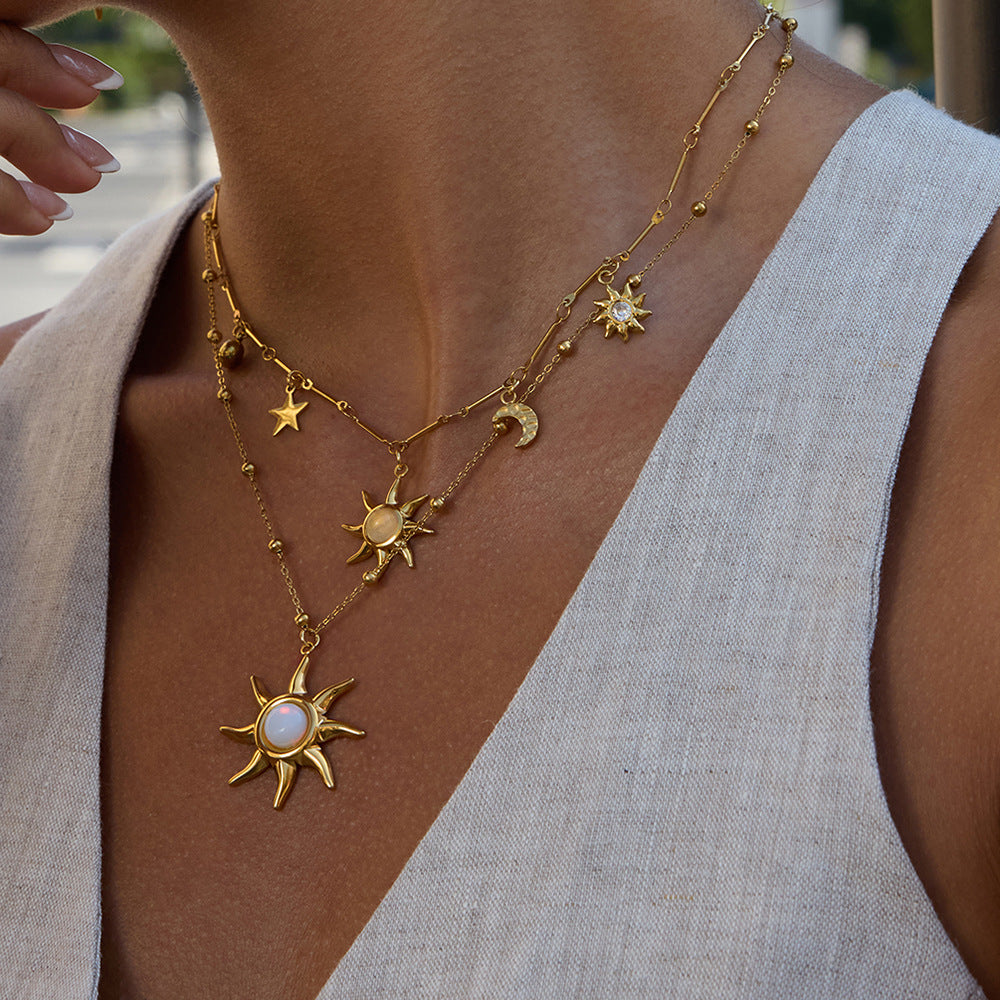Gold Layered Celestial Necklace Set - Opal Sun/Star/Moon Charms Statement Jewelry for Women
