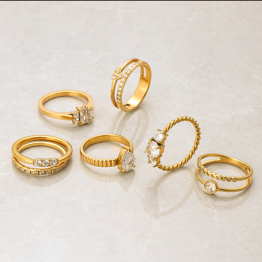 Gold CZ Ring Set - Multi-Style Sparkly Stackable Rings for Women