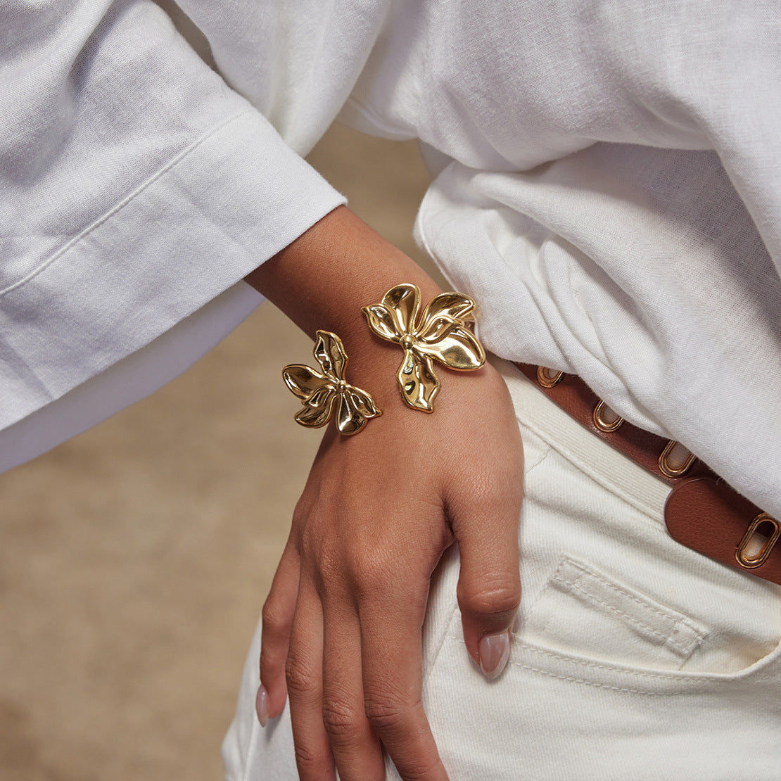 Gold Orchid Floral Statement Jewelry Set - Bold Sculpted Earrings & Ring for Women