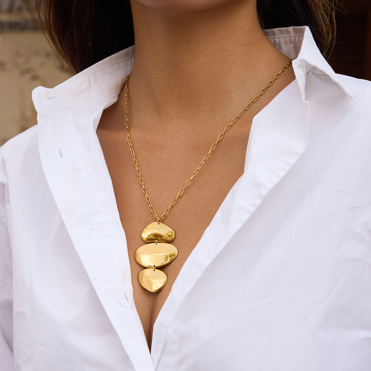 Gold Plated Three-Tiered Pebble-Shaped Drop Earrings - Bold Minimalist Statement Jewelry for Women