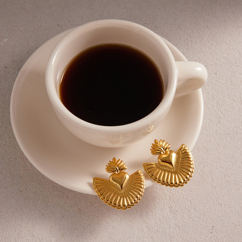 Artistic Golden Sacred Heart Statement Earrings - Vintage-Inspired Bold Jewelry for Women