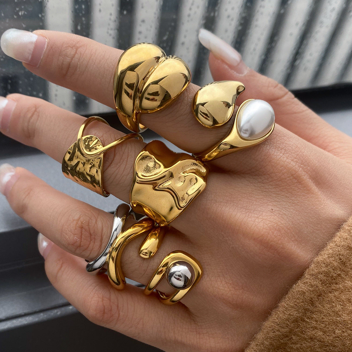 Artistic Gold Statement Ring Set - Abstract Sculptural & Pearl-Embellished Rings for Avant-Garde Women's Fashion