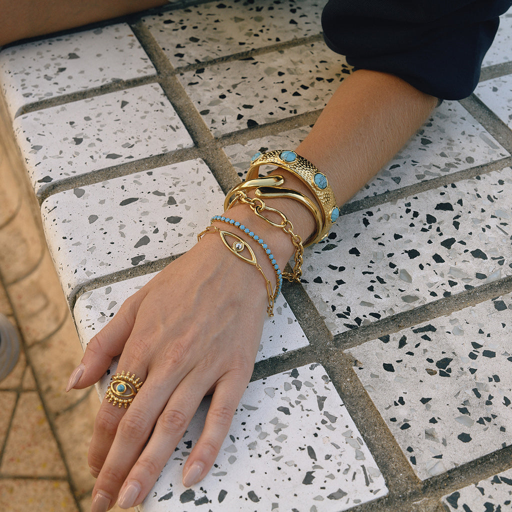 Gold Evil Eye Turquoise Jewelry Set - Layered Bracelets (Chain/Cuff) & Statement Ring | Boho Chic Statement Accessories for Women