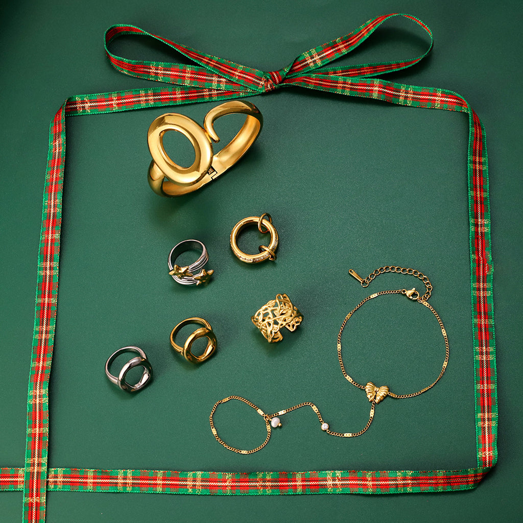 Gold Silver Stackable Ring & Bracelet Set - Vintage Multi-Style Statement Jewelry with Pearl & Geometric Designs for Women