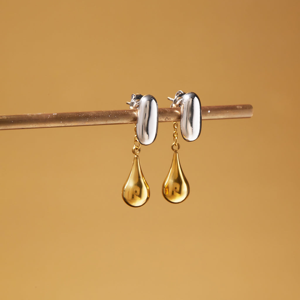 Two-Tone Silver Gold Teardrop Dangle Earrings - Minimalist Statement Jewelry for Women