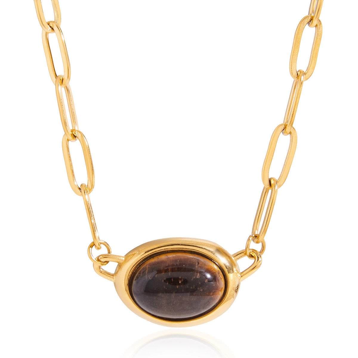 Gold Link Chain Choker Necklace with Oval Tiger Eye Gem Pendant - Elegant Minimalist Statement Jewelry for Women