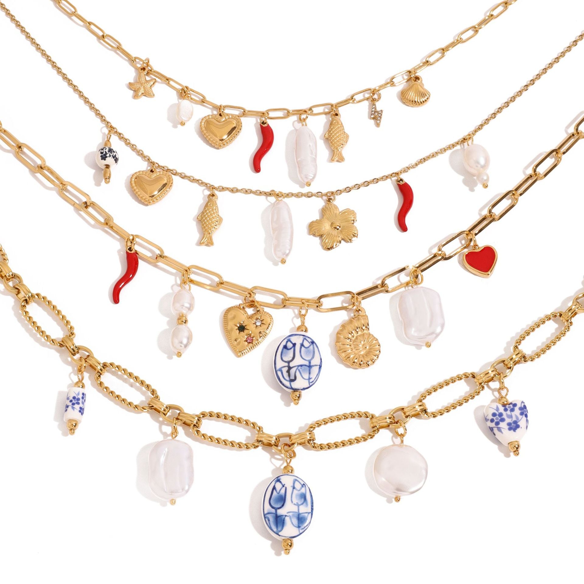 Gold Layered Ocean Theme Necklace Set - Shell/Starfish/Conch/Pearl Charms | Beach Nautical Statement Jewelry for Women