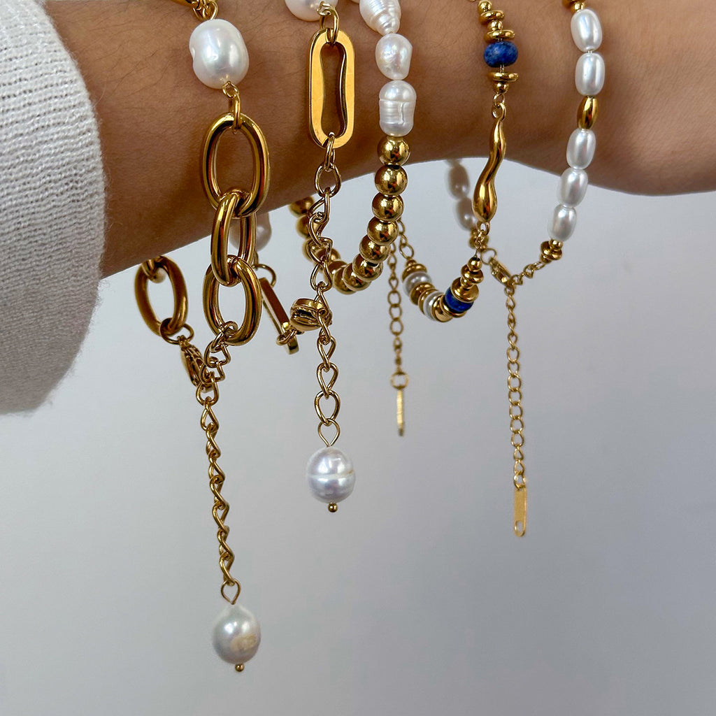 Baroque Pearl & Gold-Plated Stackable Bracelet Set | Lapis Lazuli Accent Chain Bracelets | Vintage Elegant INS-Style Jewelry for Women | Assorted Chunky & Dainty Designs for Daily Wear & Party Stacking