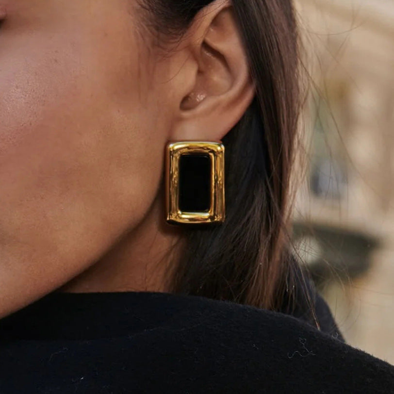 Gold Plated Square Statement Earrings - Vintage Black Enamel & Crystal Geometric Jewelry for Women