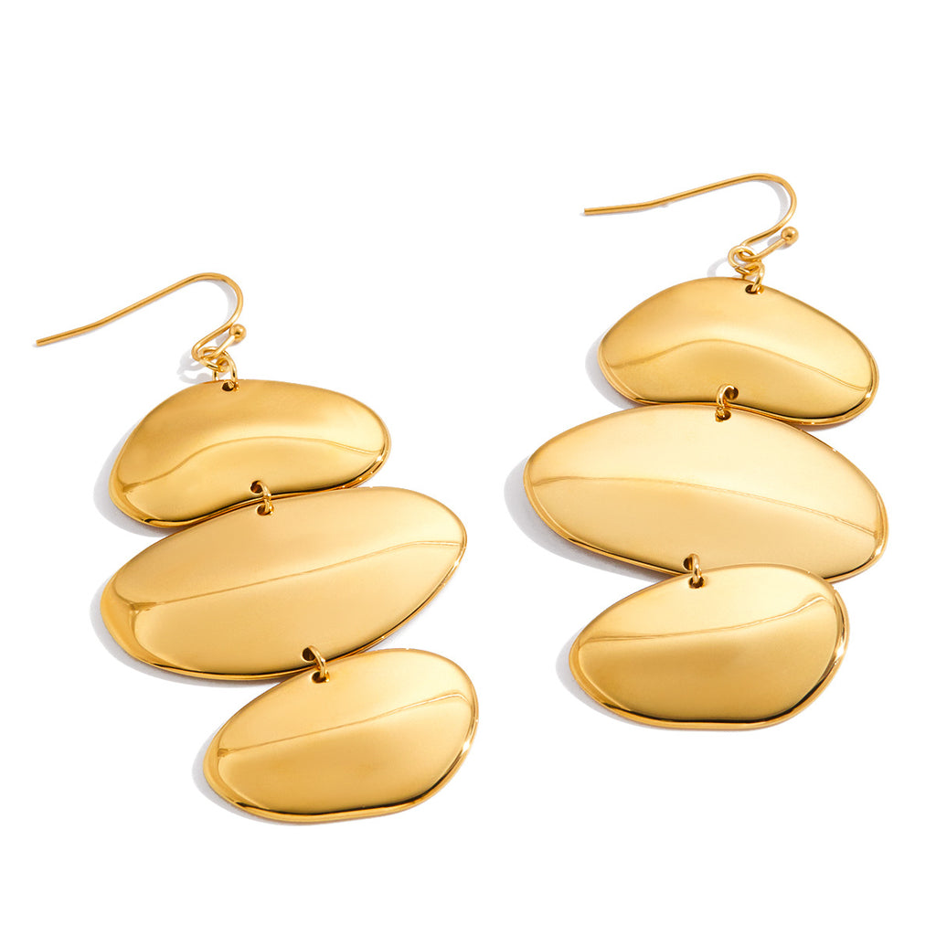 Gold Plated Three-Tiered Pebble-Shaped Drop Earrings - Bold Minimalist Statement Jewelry for Women