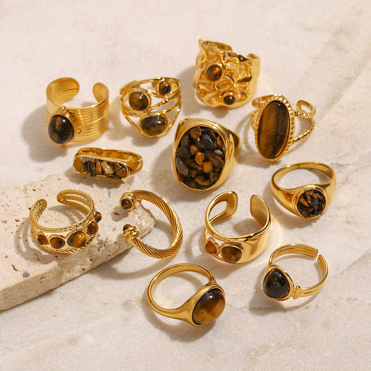 Tiger Eye Gold Ring Set - Multi-Style Boho Statement Rings for Women