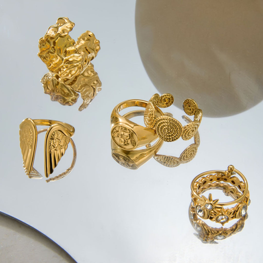 Vintage Artistic Gold Ring Set - Multi-Style Statement Rings with Gemstone & Textured Designs for Women