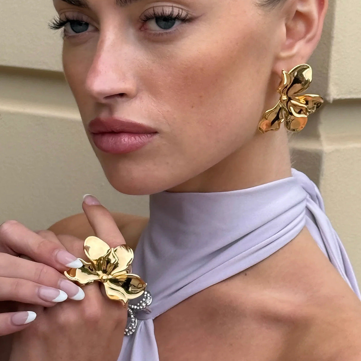 Gold Orchid Floral Statement Jewelry Set - Bold Sculpted Earrings & Ring for Women