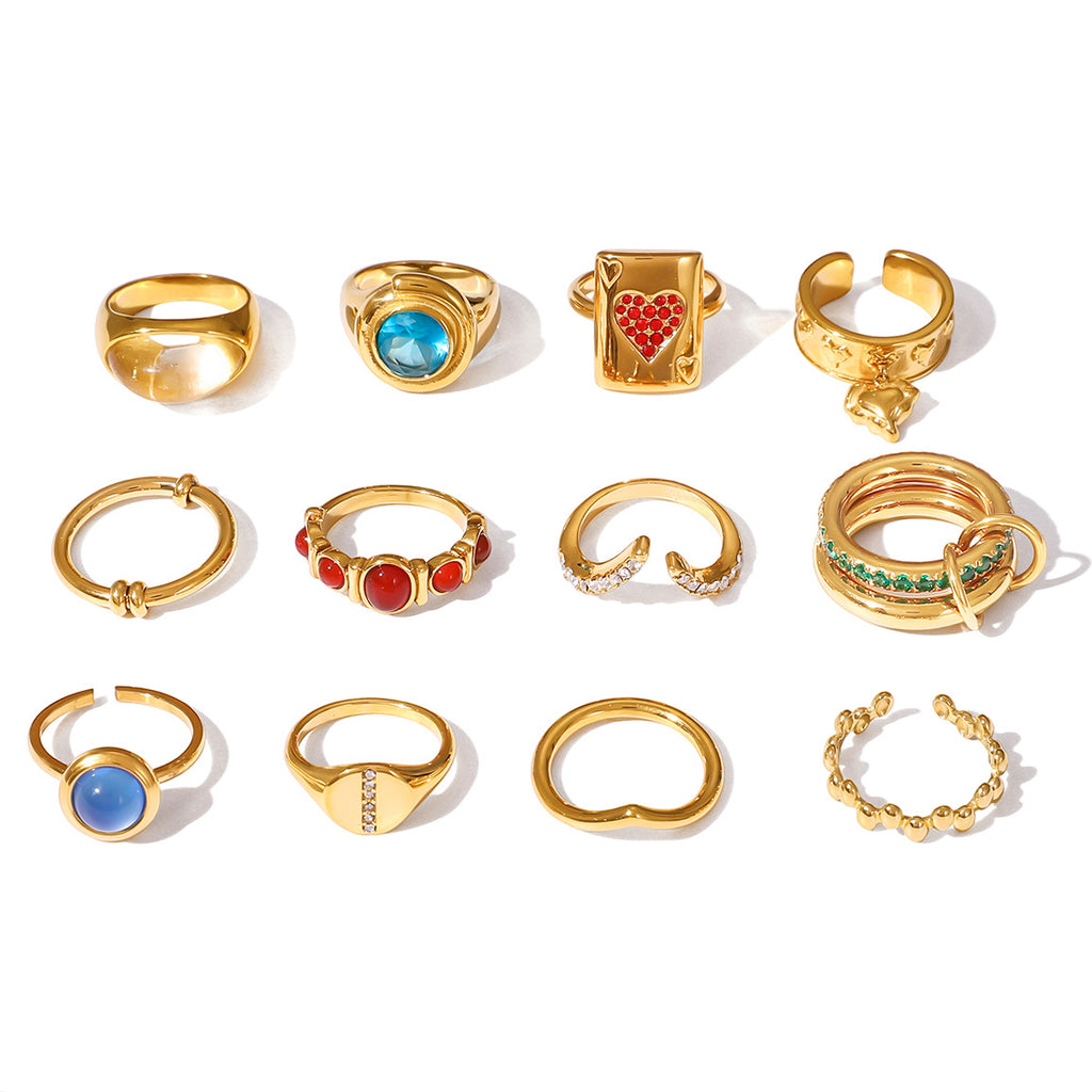 Artistic Gold Ring Set - Multi-Style Vintage Statement Rings with Gemstones & Poker Design for Women